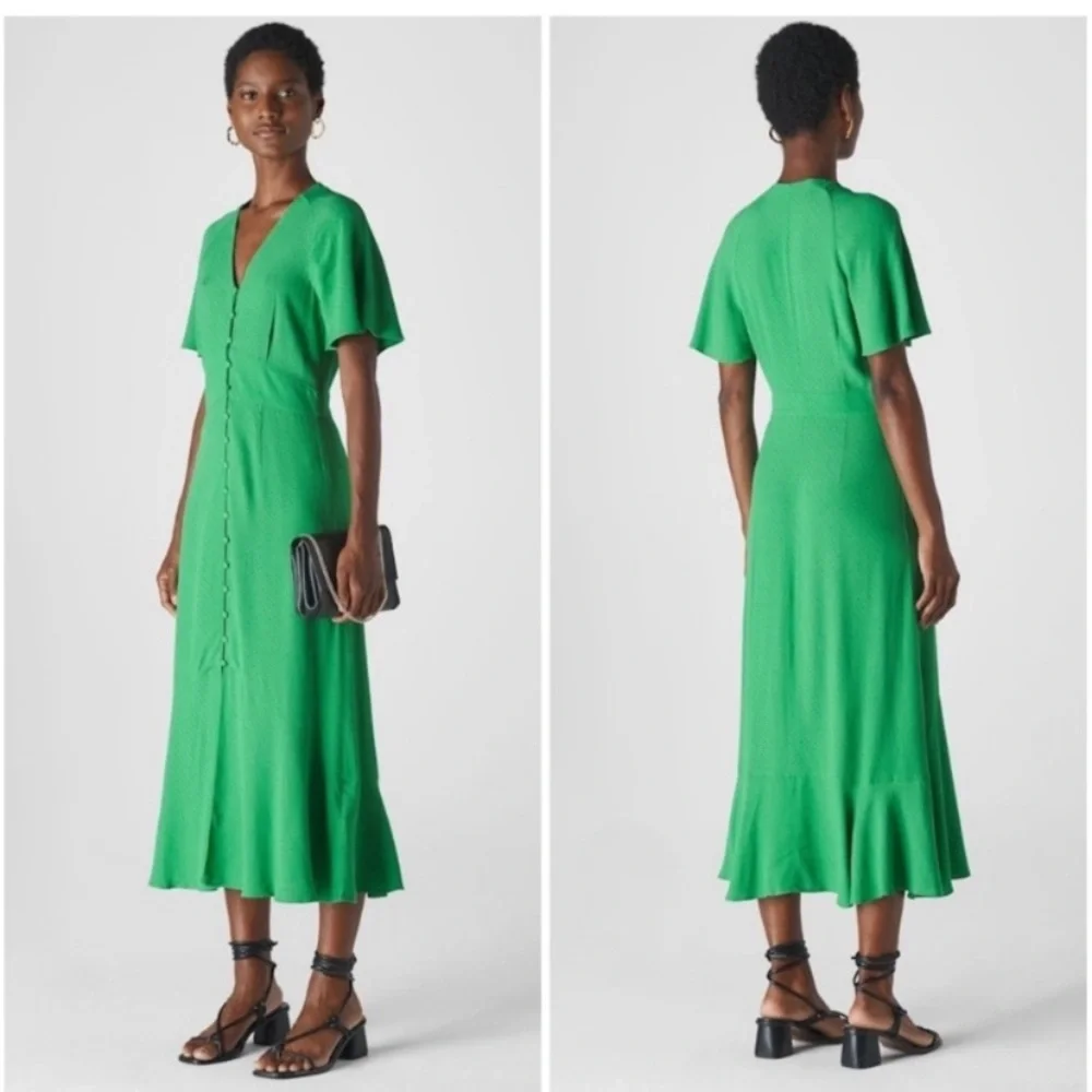 Whistles Kelly Green Micro Spot Polka Dot Modest Midi Dress Size 2 - Picture 2 of 12